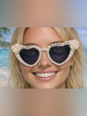 Pearl-Trim 'Just Married' Black Lens Sunglasses